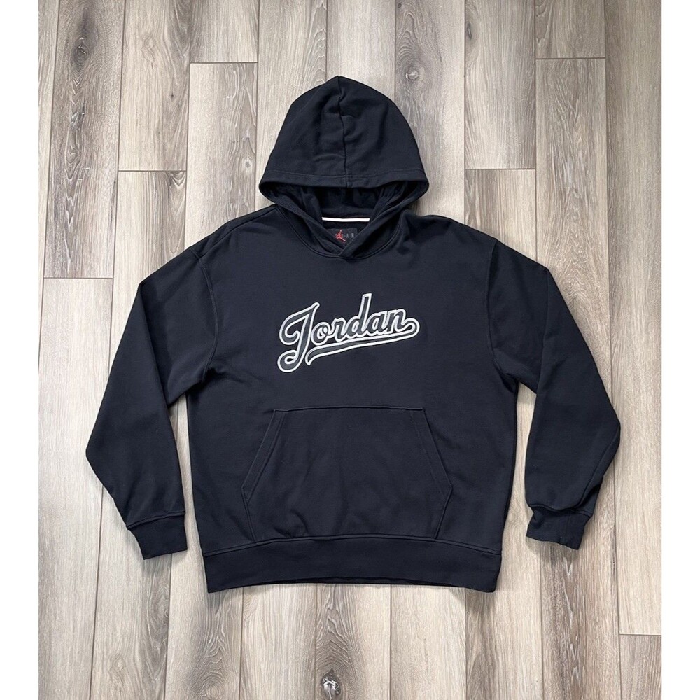 Jordan Mens Black Script Logo Pullover Hoodie Sweatshirt Sz Medium Jumpman Logo